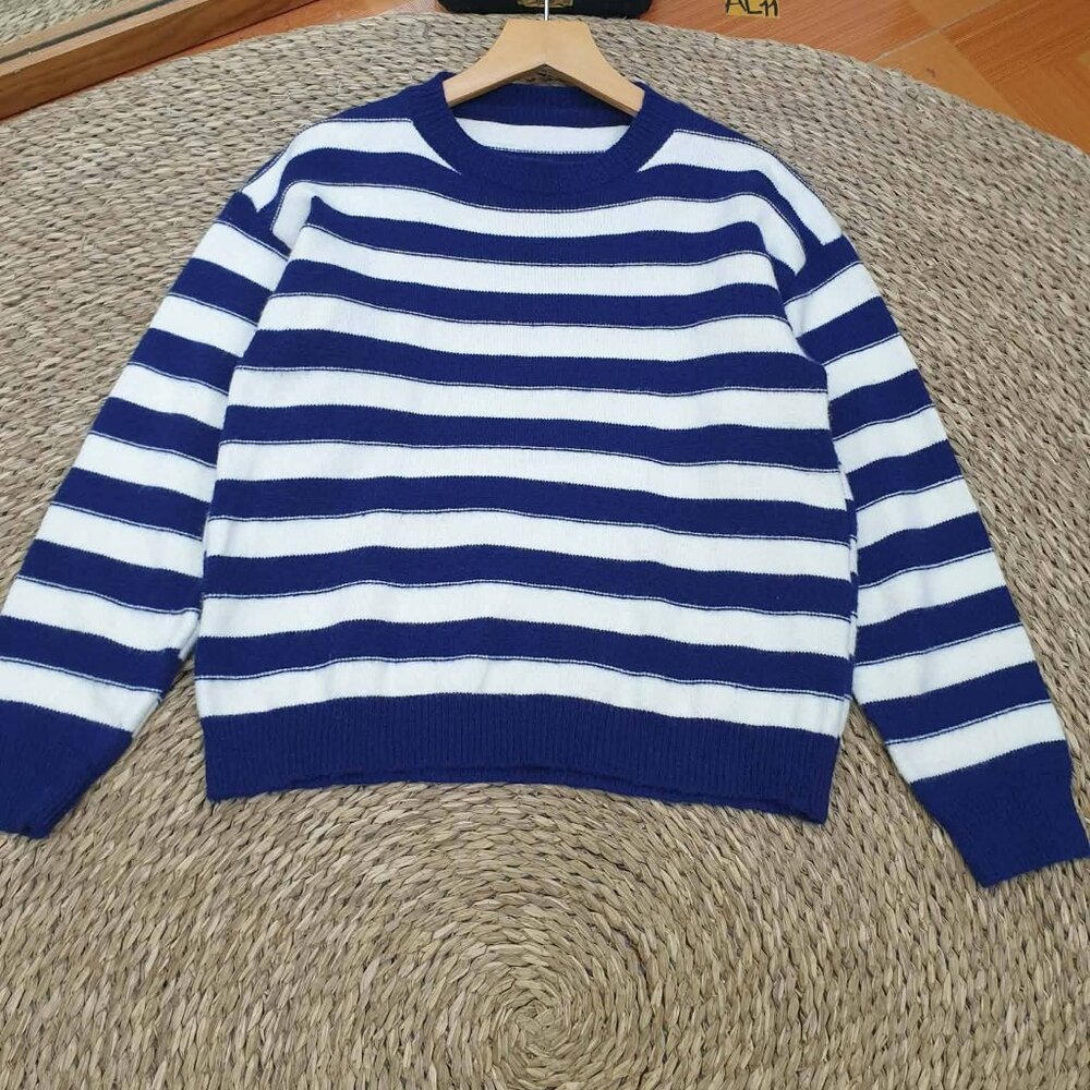 💙 Blue White Stripe Knit Sweater Nautical Crew Neck Soft Pullover Top